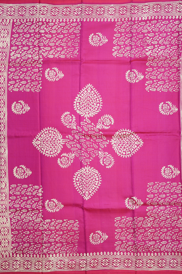 Printed Silk Saree In Rani Pink With Allover Design