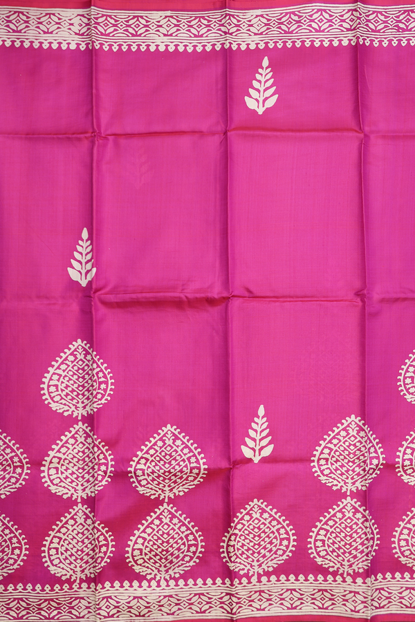 Printed Silk Saree In Rani Pink With Allover Design