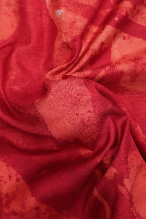 Printed Silk Saree In Red And Orange With Allover Design