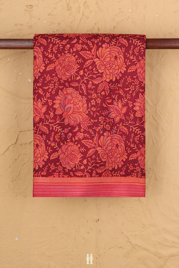 Printed Silk Saree In Red With Floral Design