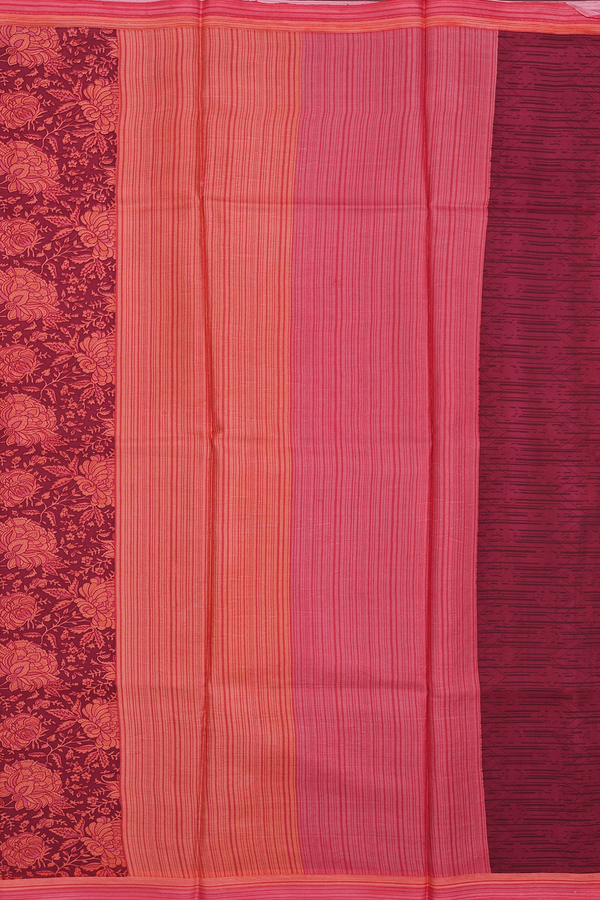 Printed Silk Saree In Red With Floral Design
