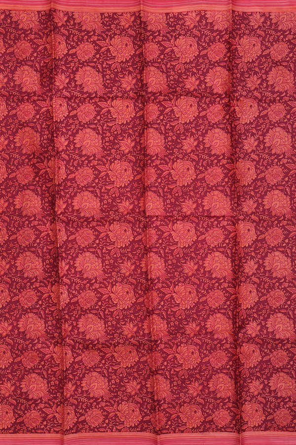 Printed Silk Saree In Red With Floral Design