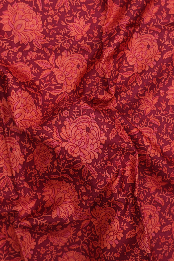 Printed Silk Saree In Red With Floral Design
