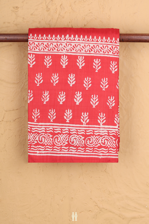 Printed Silk Saree In Red With Paisley Buttas