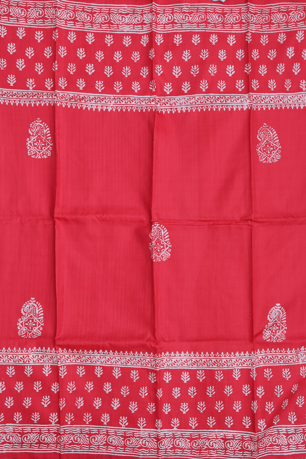 Printed Silk Saree In Red With Paisley Buttas