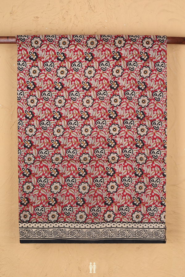 Printed Silk Saree In Red With Floral Design