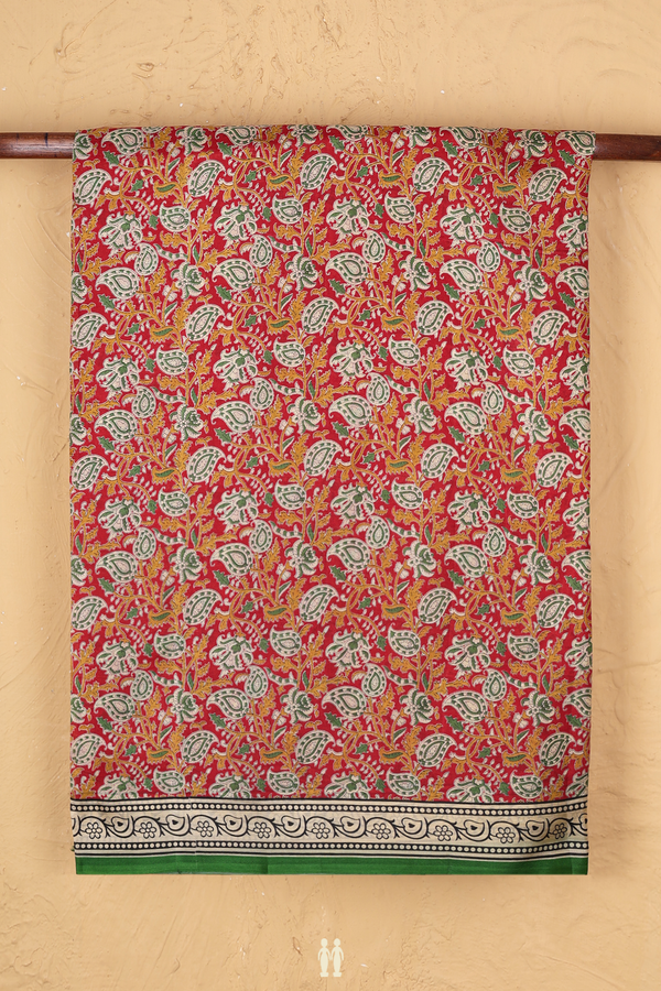 Printed Silk Saree In Red With Floral Design