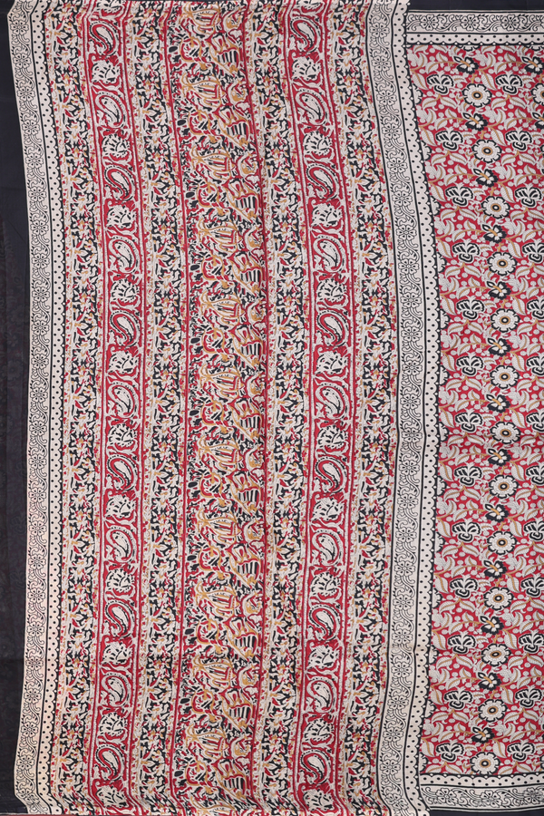 Printed Silk Saree In Red With Floral Design