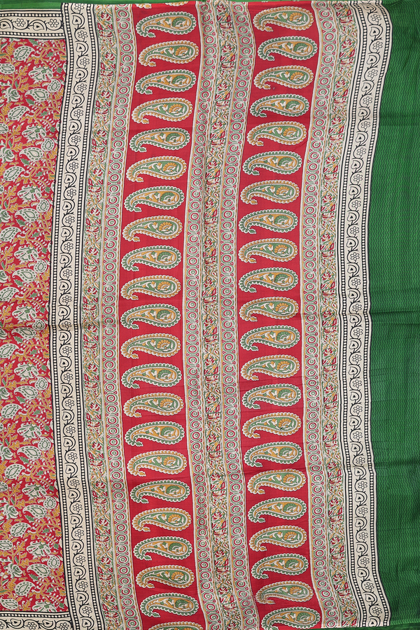 Printed Silk Saree In Red With Floral Design