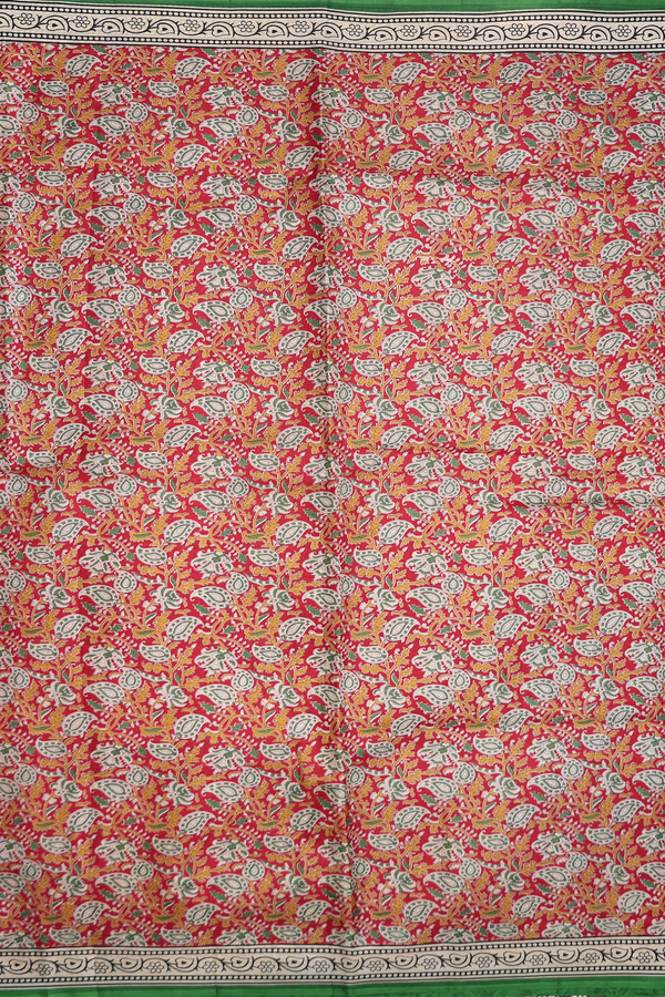 Printed Silk Saree In Red With Floral Design