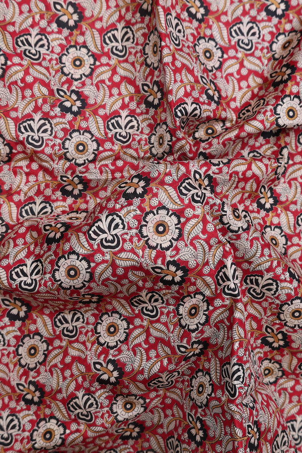 Printed Silk Saree In Red With Floral Design