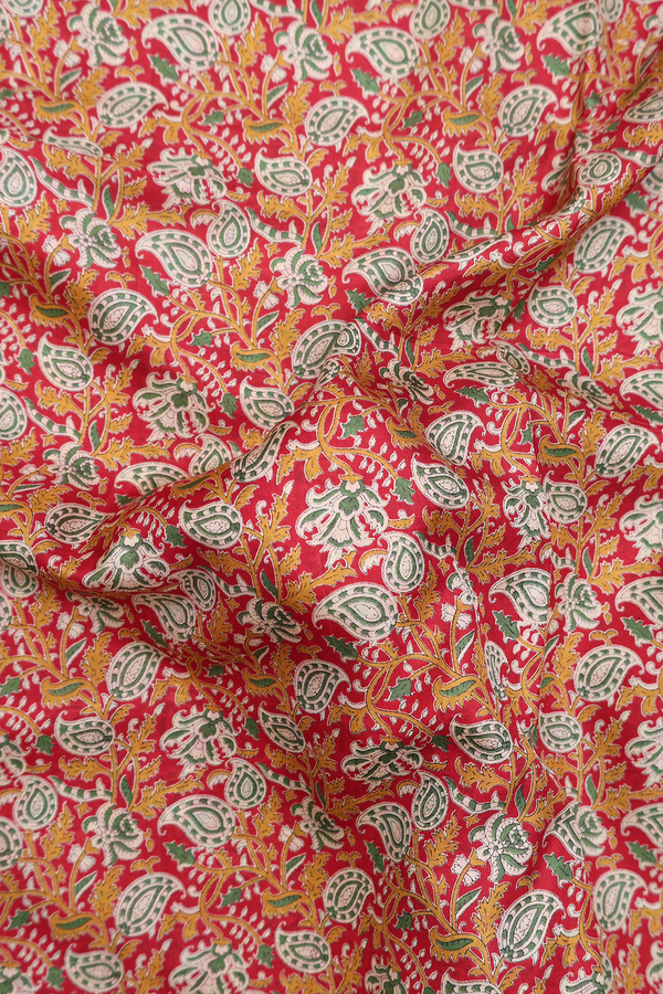 Printed Silk Saree In Red With Floral Design