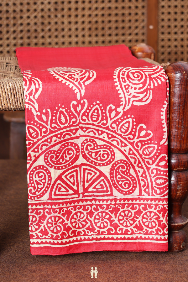 Printed Silk Saree In Red With Paisley Design