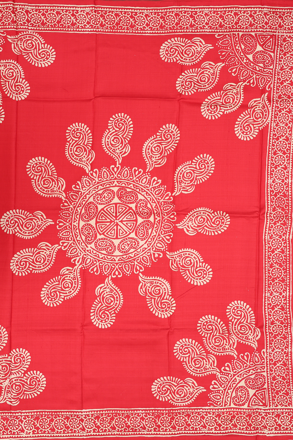 Printed Silk Saree In Red With Paisley Design