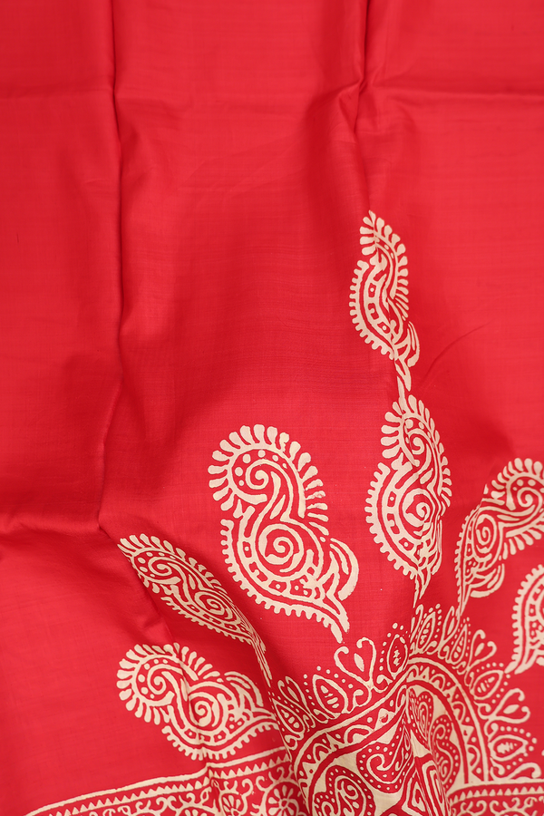 Printed Silk Saree In Red With Paisley Design
