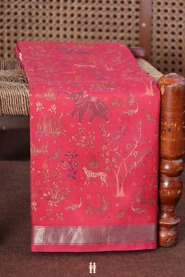 Printed Silk Saree In Red With Vanasingaram Design