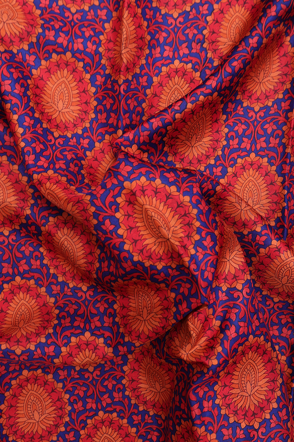 Printed Silk Saree In Royal Blue With Floral Design