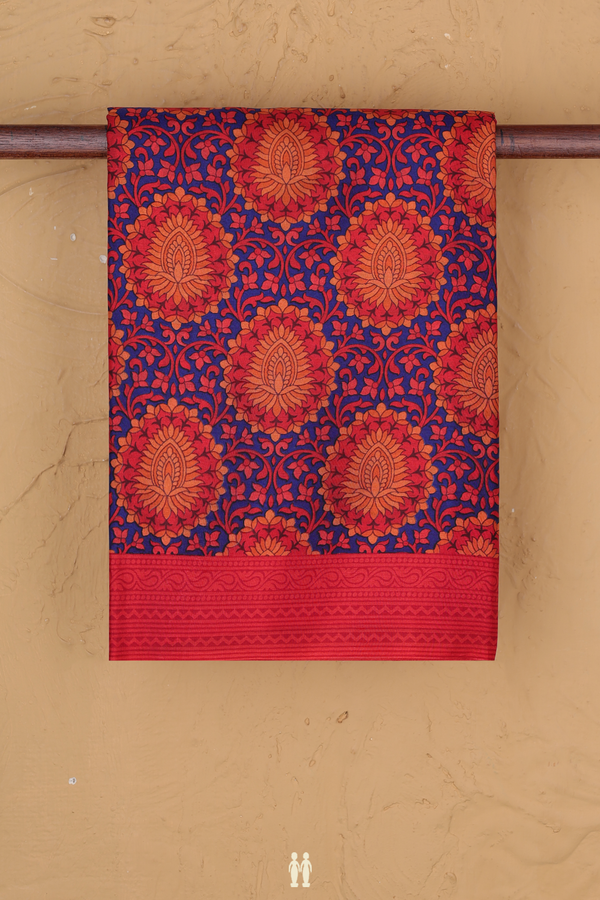 Printed Silk Saree In Royal Blue With Floral Design
