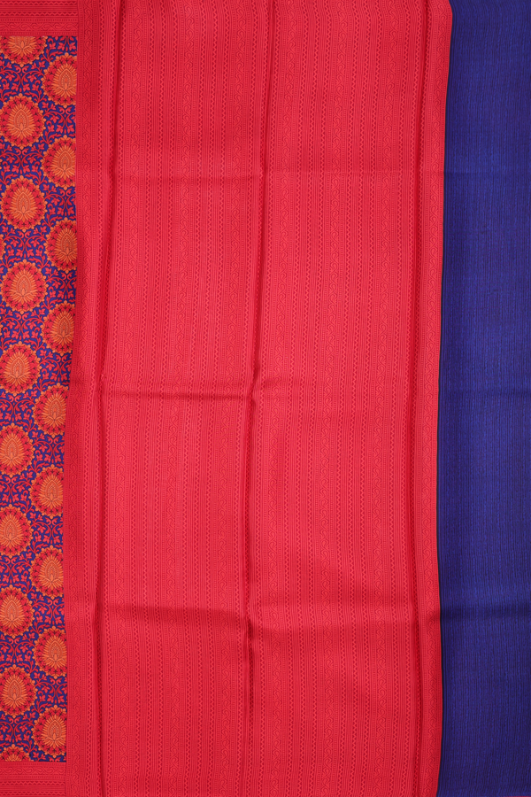 Printed Silk Saree In Royal Blue With Floral Design