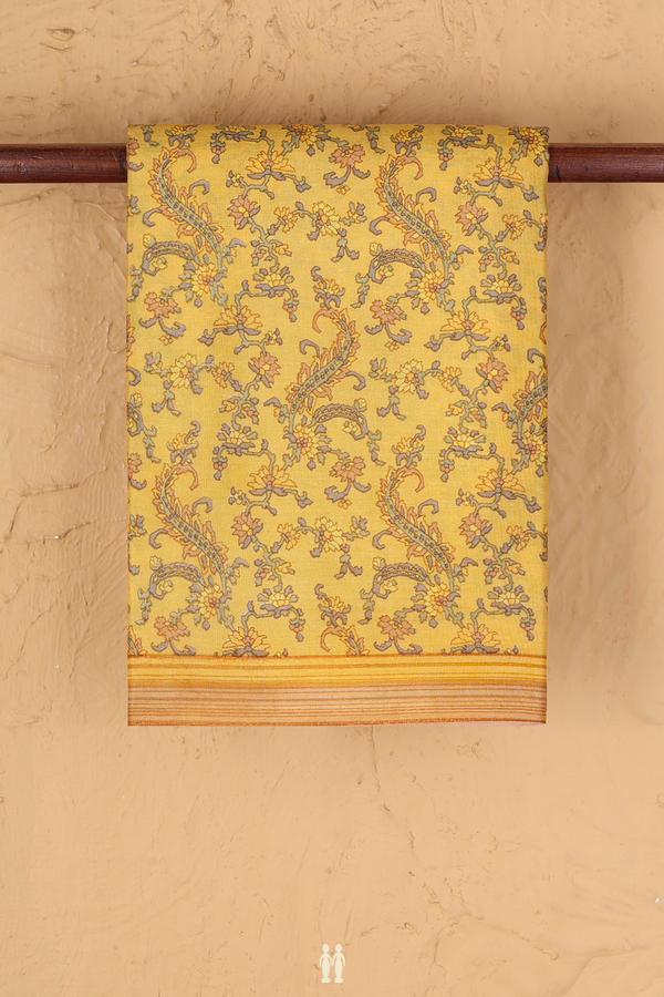 Printed Silk Saree In Royal Yellow With Floral Design