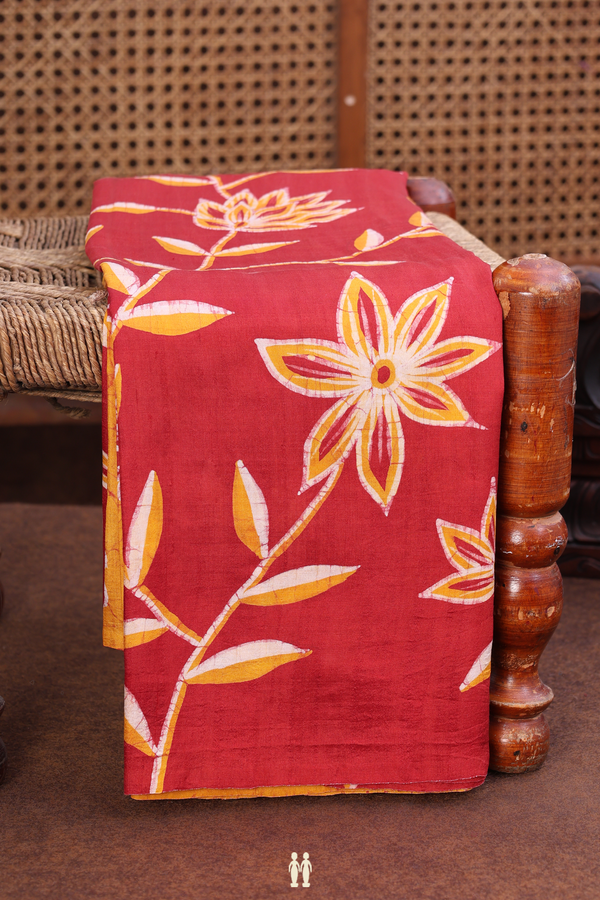 Printed Silk Saree In Ruby Red With Floral Design
