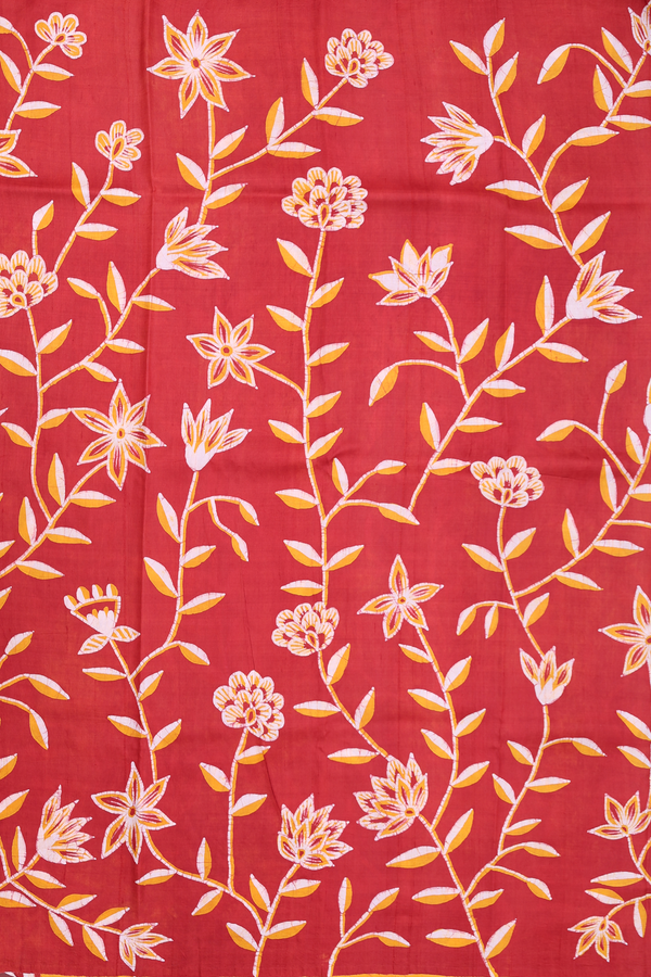 Printed Silk Saree In Ruby Red With Floral Design