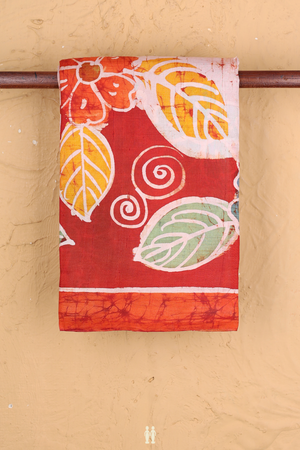 Printed Silk Saree In Brick Red With Floral Design