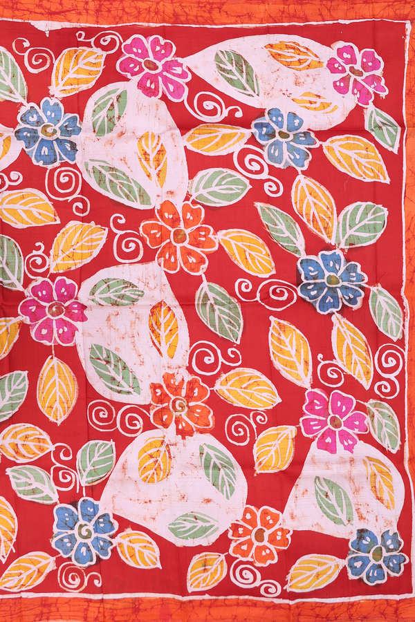 Printed Silk Saree In Brick Red With Floral Design