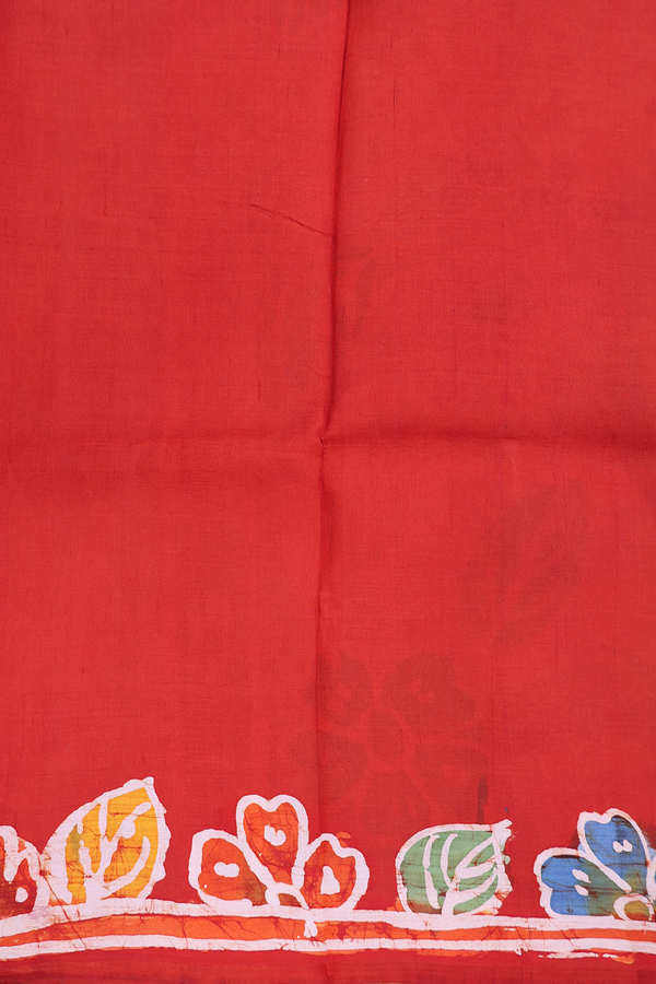 Printed Silk Saree In Brick Red With Floral Design