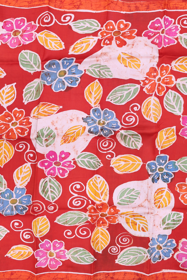 Printed Silk Saree In Brick Red With Floral Design