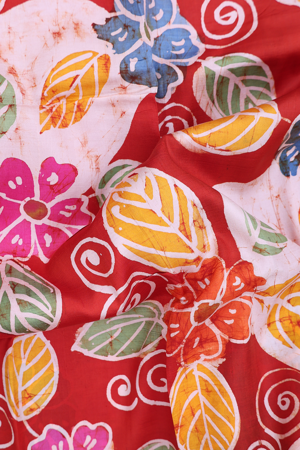 Printed Silk Saree In Brick Red With Floral Design