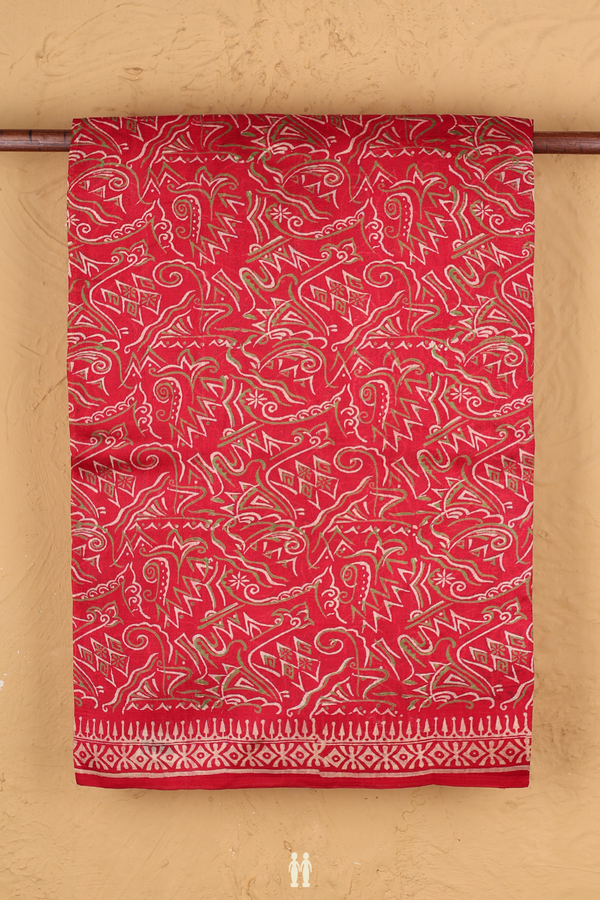 Printed Silk Saree In Scarlet Red With Allover Design