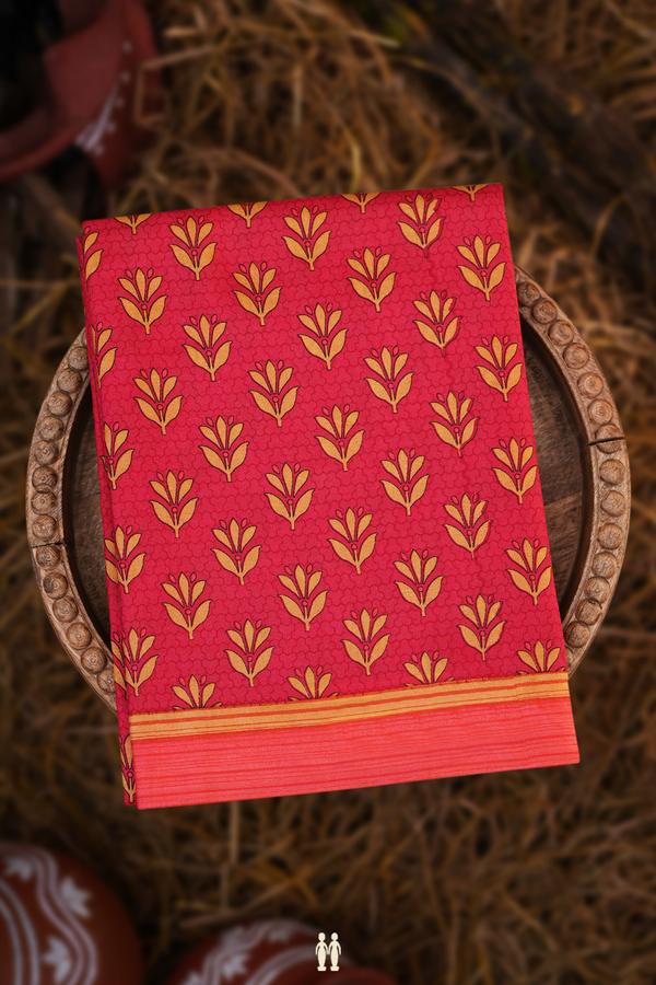 Printed Silk Saree In Soft Red With Allover Floral Design