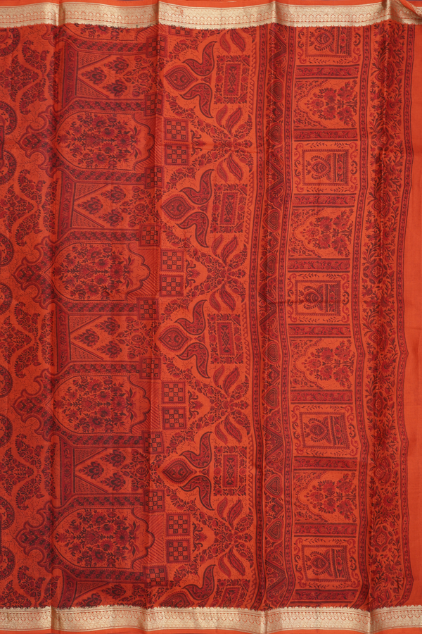 Printed Silk Saree In Spiced Orange With Floral Design