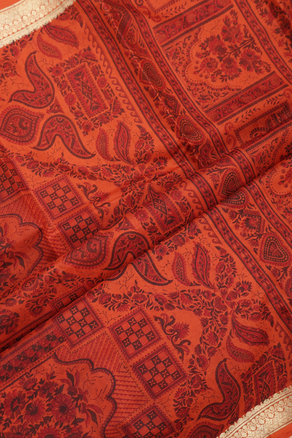 Printed Silk Saree In Spiced Orange With Floral Design