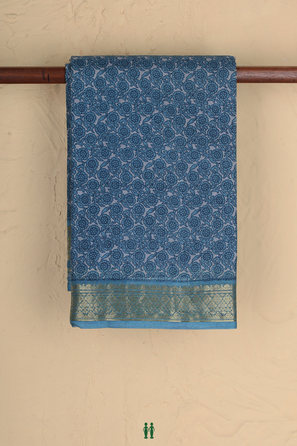 Printed Silk Saree In Steel Blue With Floral Design