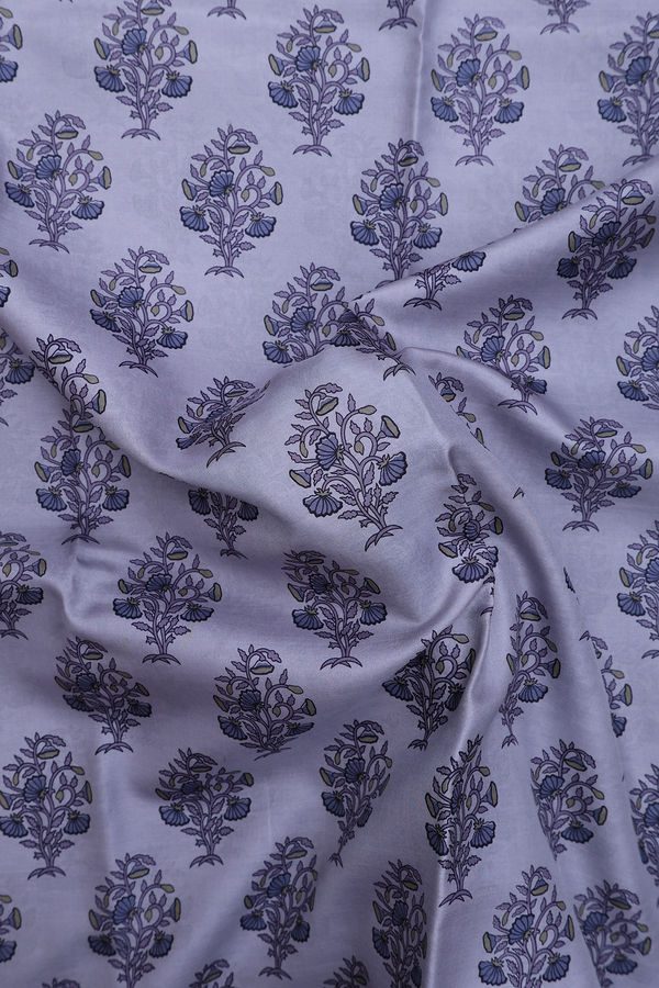 Printed Silk Saree In Steel Blue With Floral Design