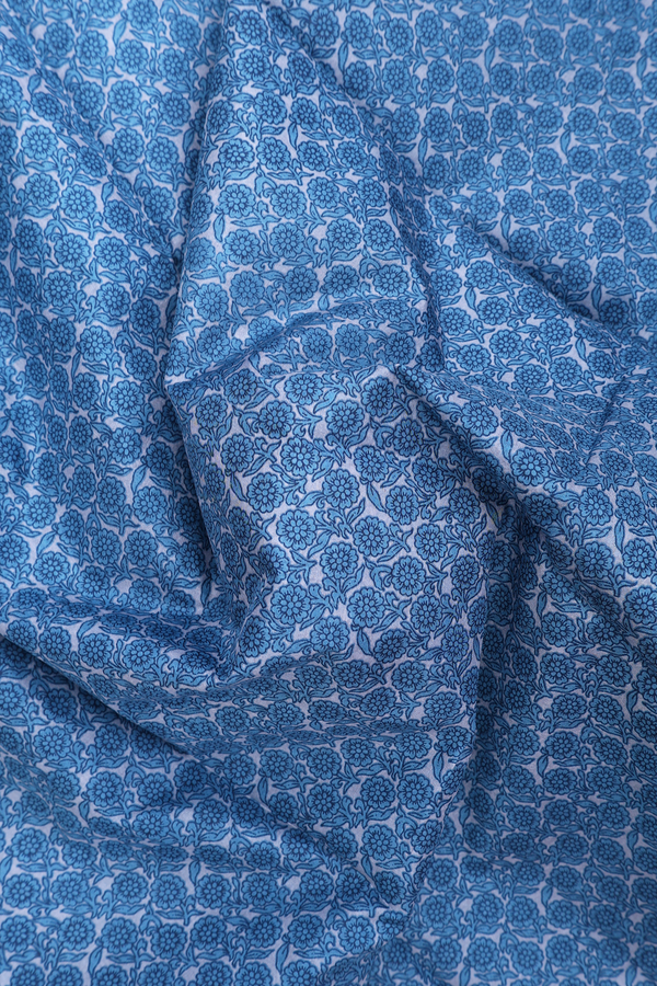 Printed Silk Saree In Steel Blue With Floral Design