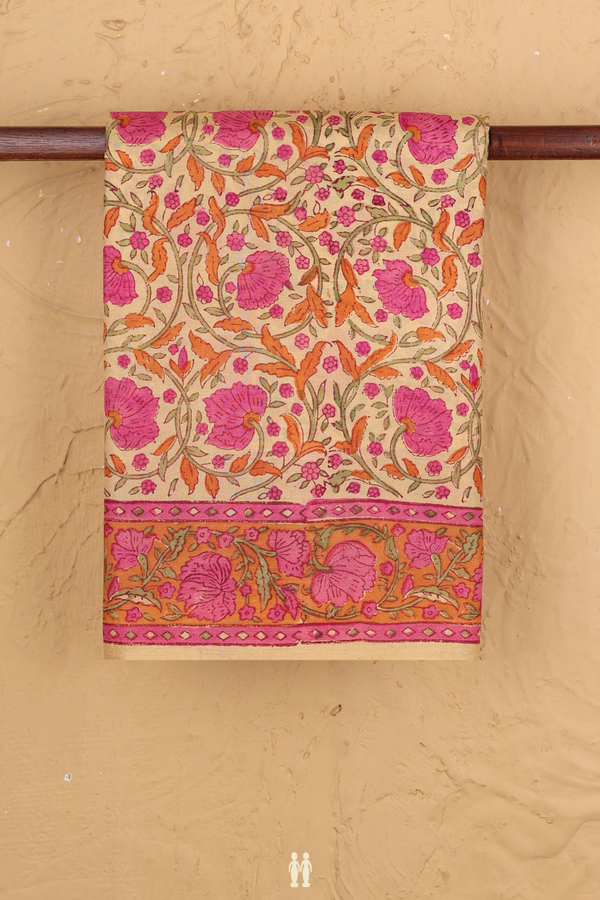 Printed Silk Saree In Tan Brown Floral Design