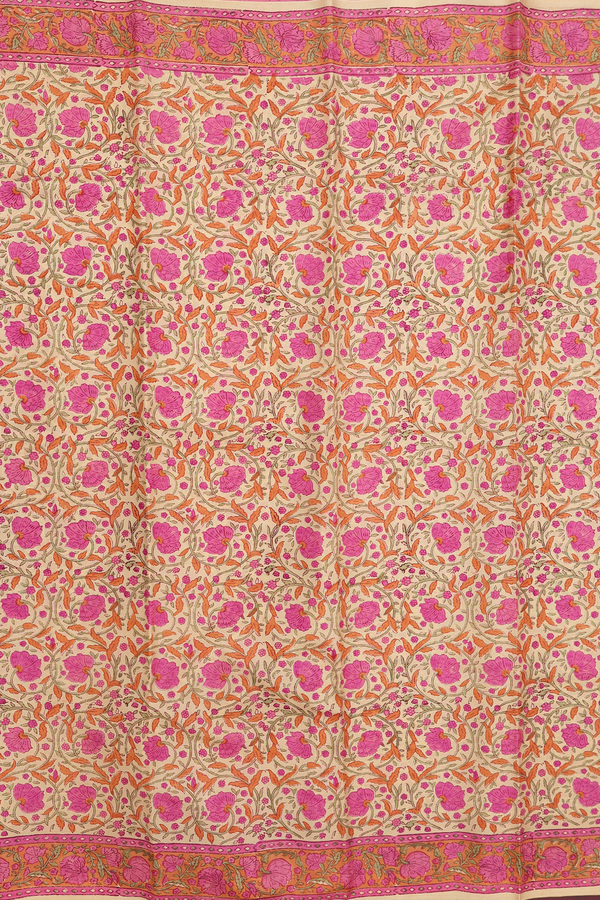 Printed Silk Saree In Tan Brown Floral Design