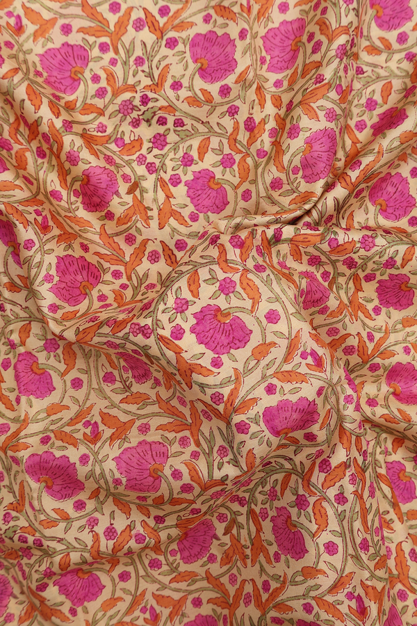 Printed Silk Saree In Tan Brown Floral Design