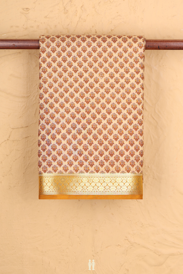 Printed Silk Saree In Tan Brown With Floral Design