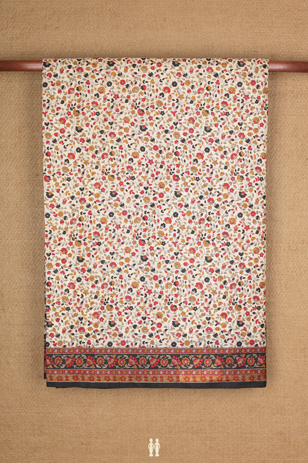 Printed Silk Saree In Tan Brown With Floral Design