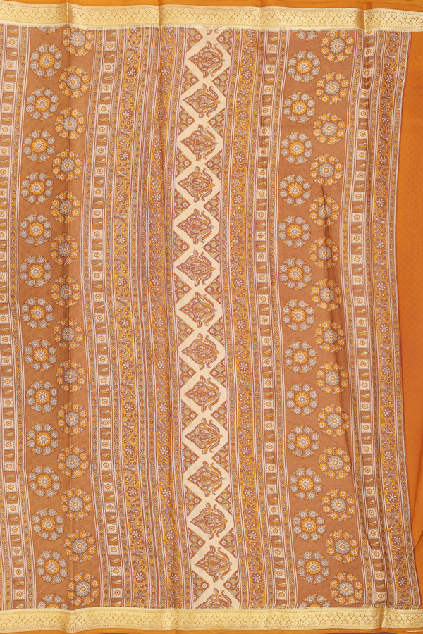 Printed Silk Saree In Tan Brown With Floral Design