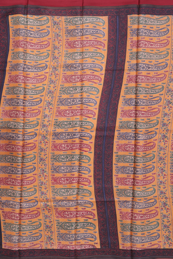 Printed Silk Saree In Tan Brown With Floral Design