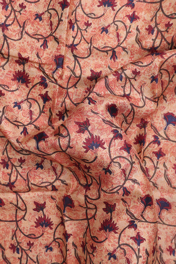 Printed Silk Saree In Tan Brown With Floral Design