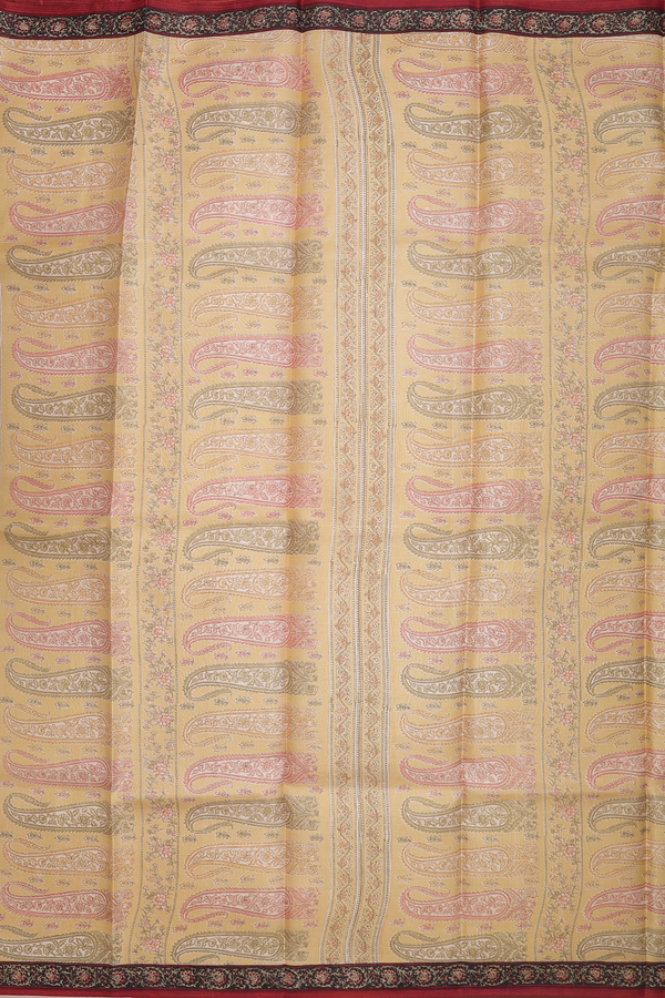 Printed Silk Saree In Tan With Floral Design