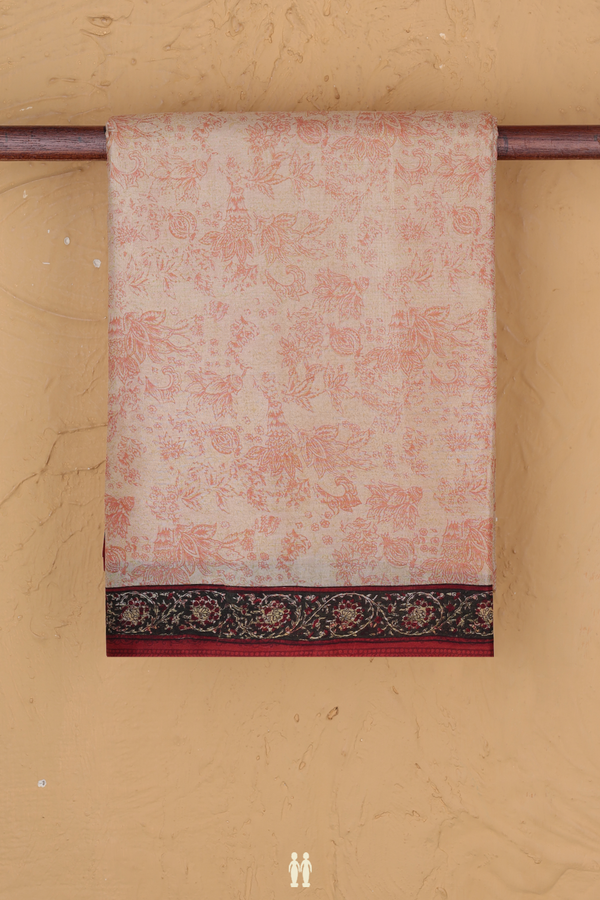 Printed Silk Saree In Tan With Floral Design