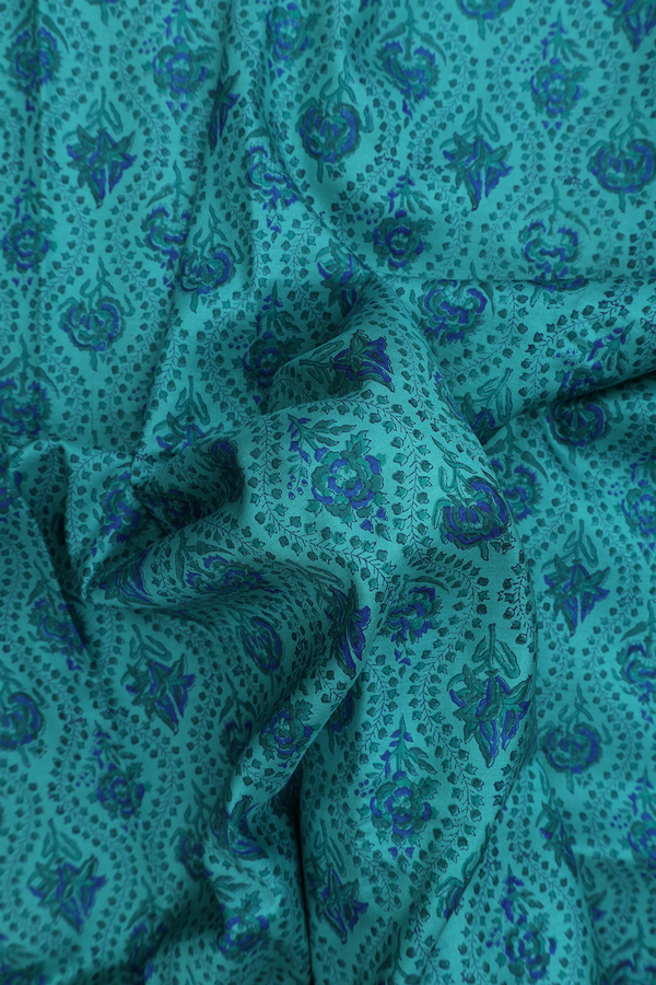 Printed Silk Saree In Teal Green With Floral Design