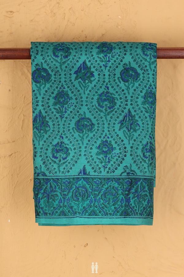 Printed Silk Saree In Teal Green With Floral Design
